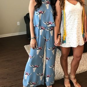 Boutique bull skull floral jumpsuit